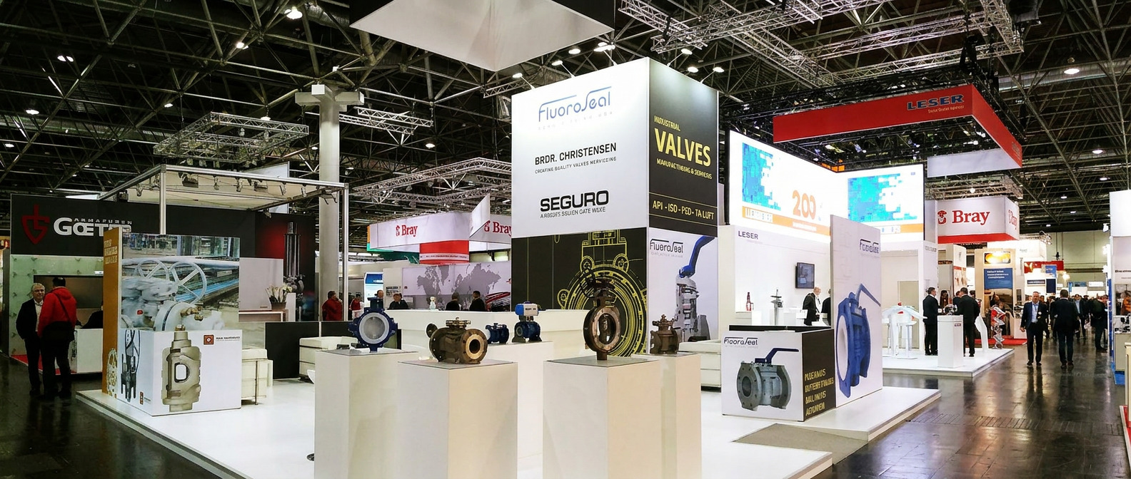International exhibition hall during active setup with large-scale stands, warm lighting, and operational crews — ED Exhibition Design