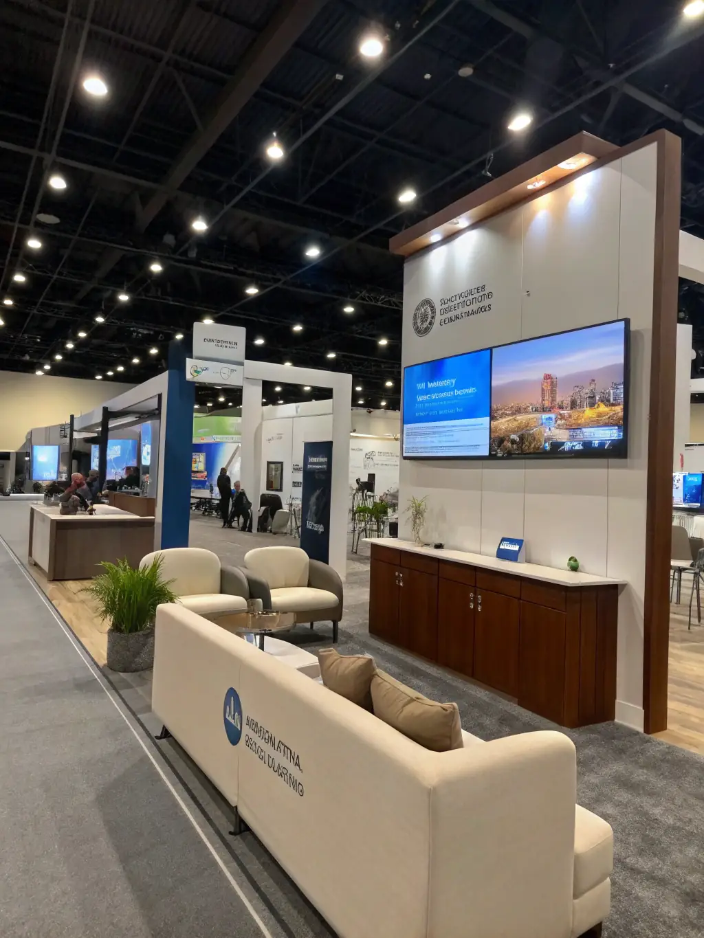 A brightly lit, modern exhibition stand featuring interactive displays and a welcoming open layout, designed to attract and engage visitors at a trade show.