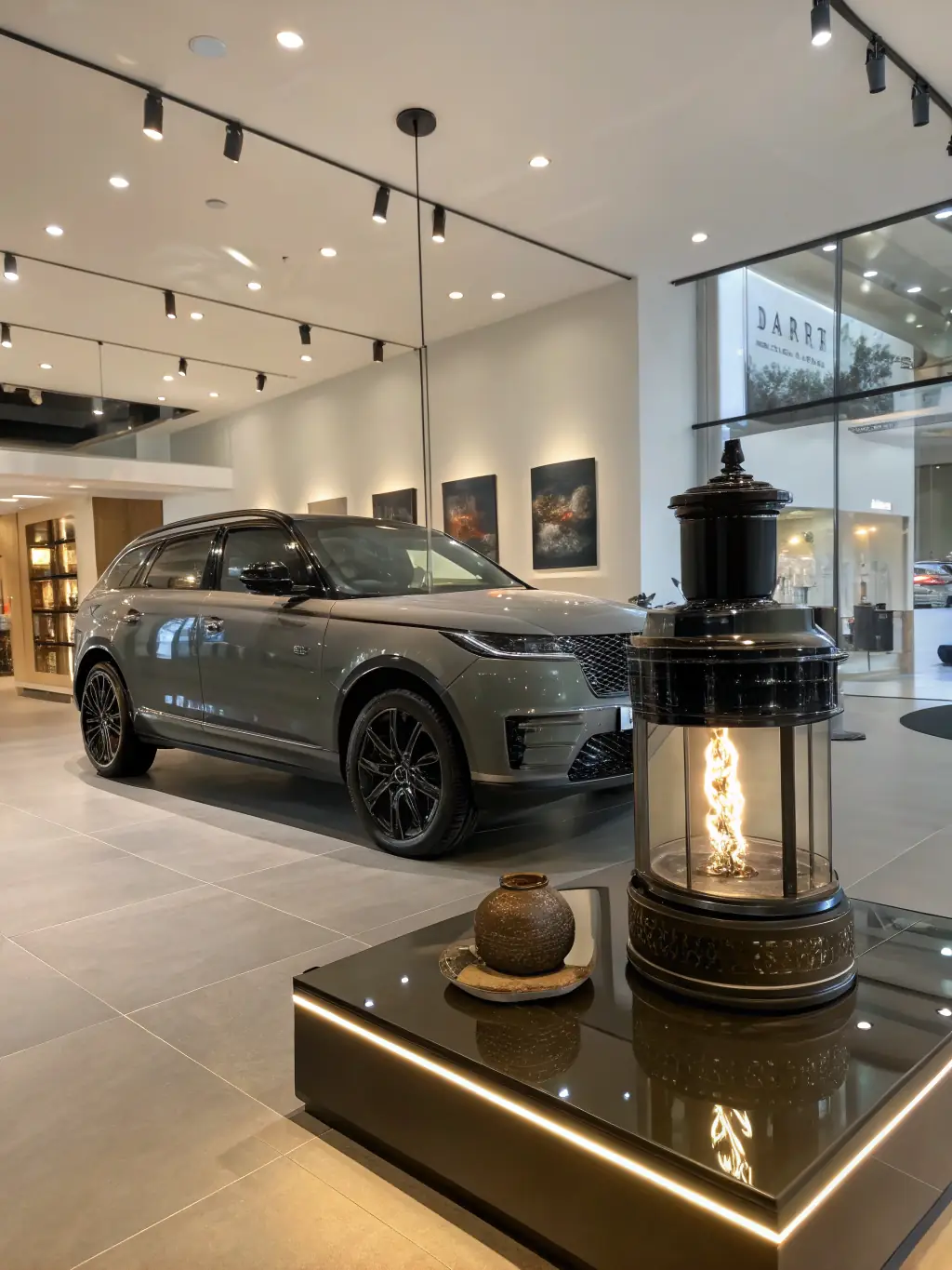 A sleek and elegant showroom interior with minimalist design, showcasing high-end products under carefully planned lighting to create an immersive shopping experience.