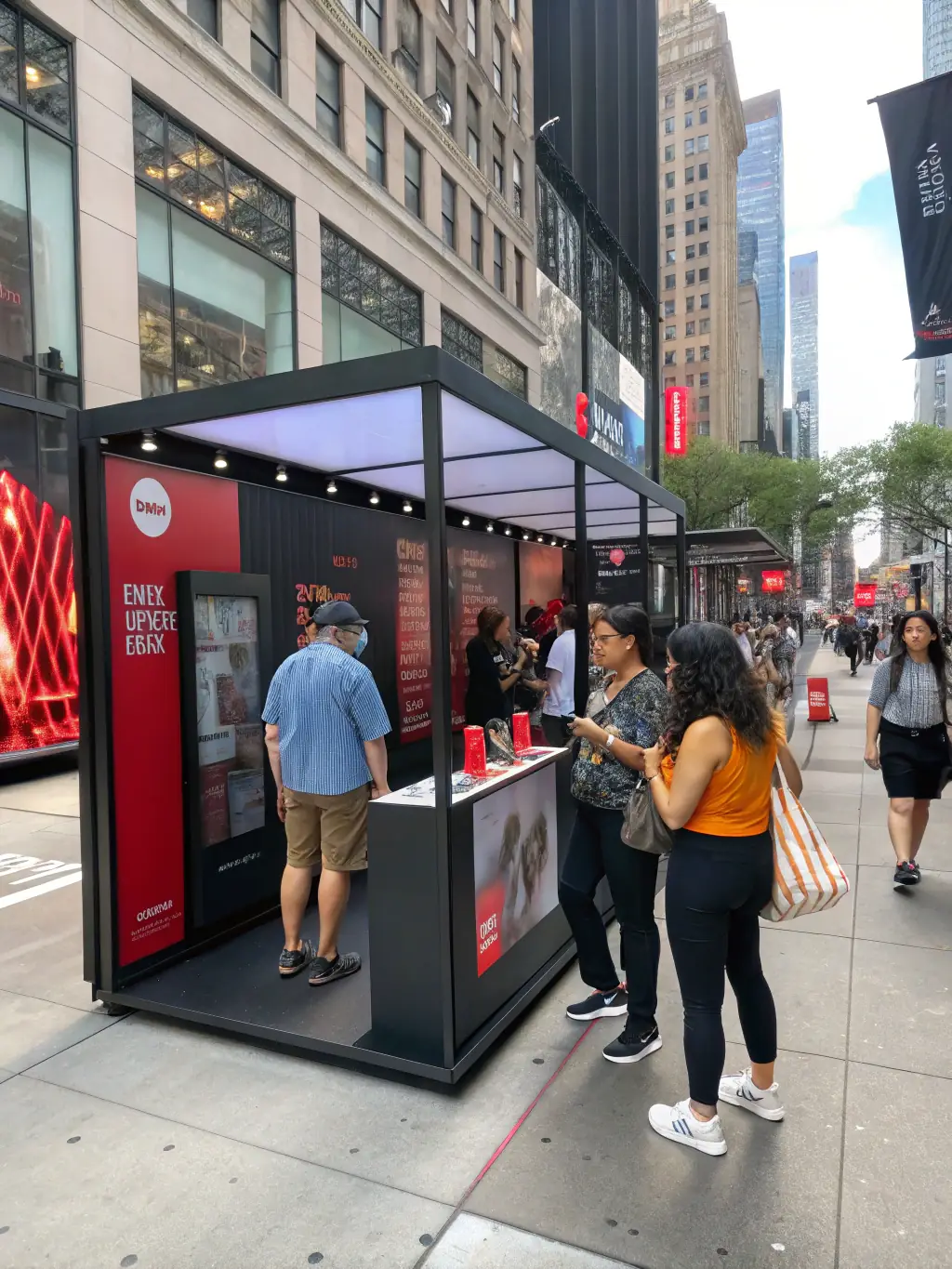 A vibrant and eye-catching temporary store constructed from modular components, designed for easy setup and takedown, ideal for seasonal promotions and pop-up events.
