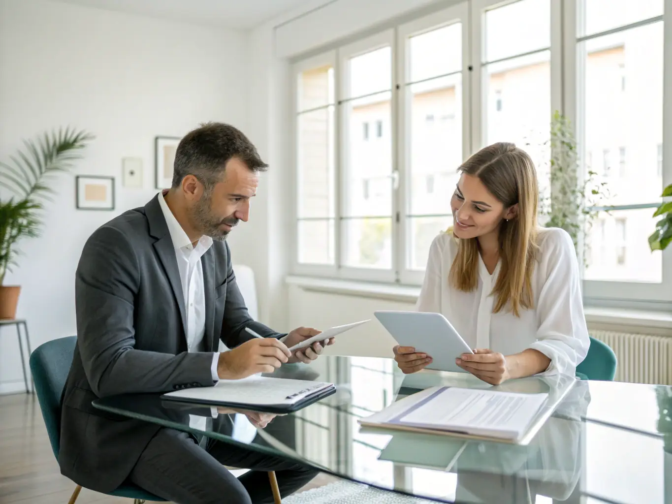 A detailed photograph of a project manager conducting a briefing session with a client in a modern office setting, emphasizing collaboration and clear communication.