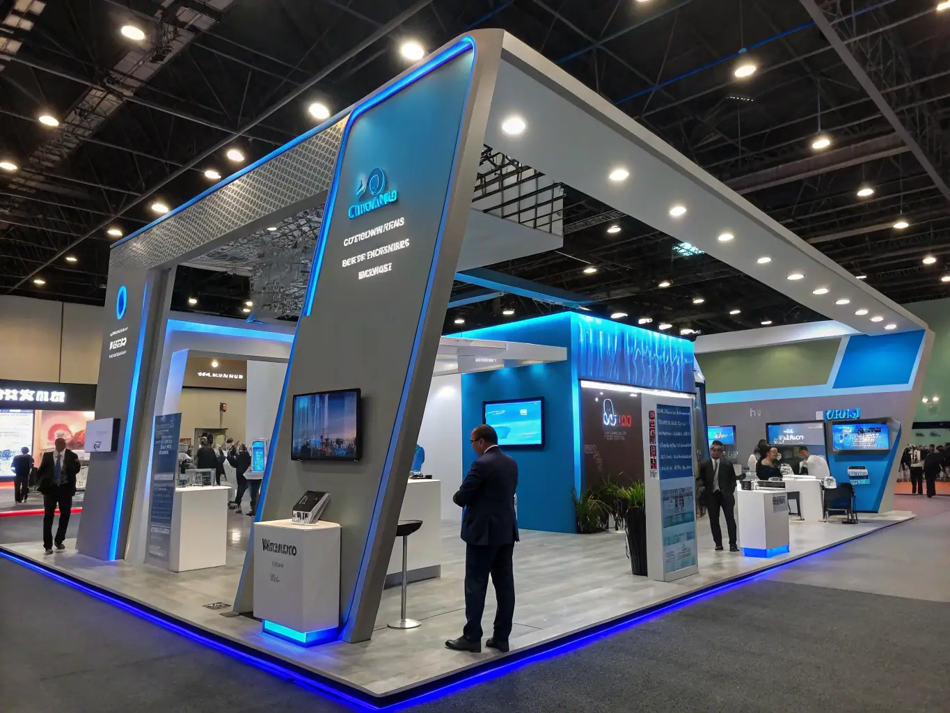 A high-quality 3D rendering of an innovative and eye-catching exhibition stand design, showcasing the creative and technical expertise of ED-EXPO.