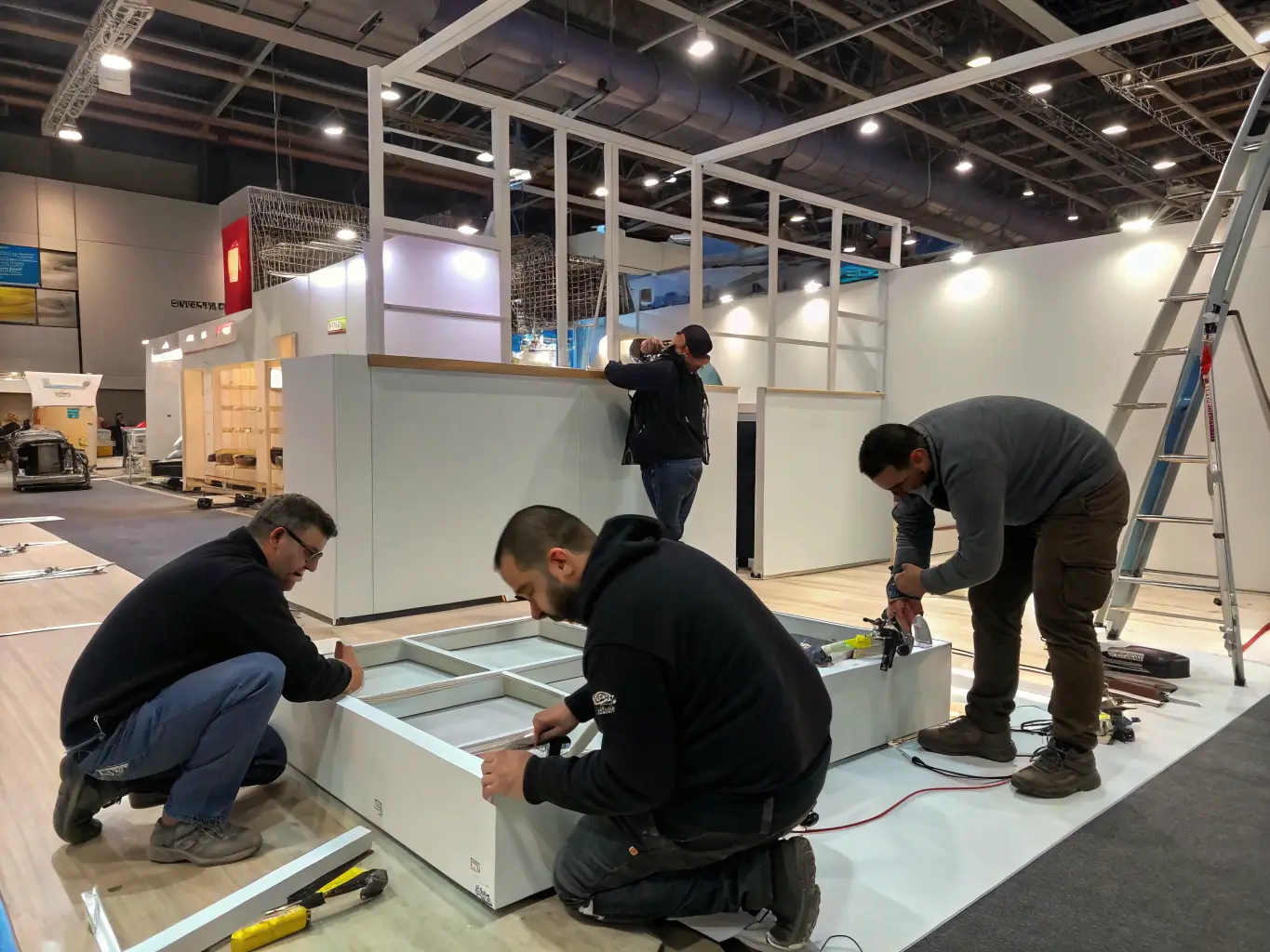 A photograph of a professional team setting up an exhibition stand at a trade fair, highlighting the precision and efficiency of ED-EXPO's setup process.
